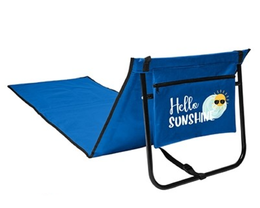 Blue folding lounge chair that has text "Hello Sunshine" and an image of a sun wearing sunglasses peering out from a blue cloud.