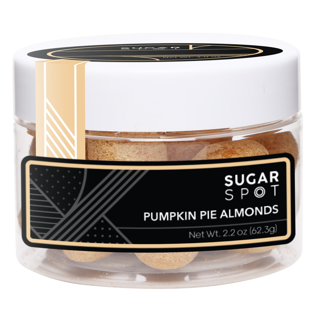 Fall into festive branding product 1 —Pumpkin Pie Almonds in a jar.