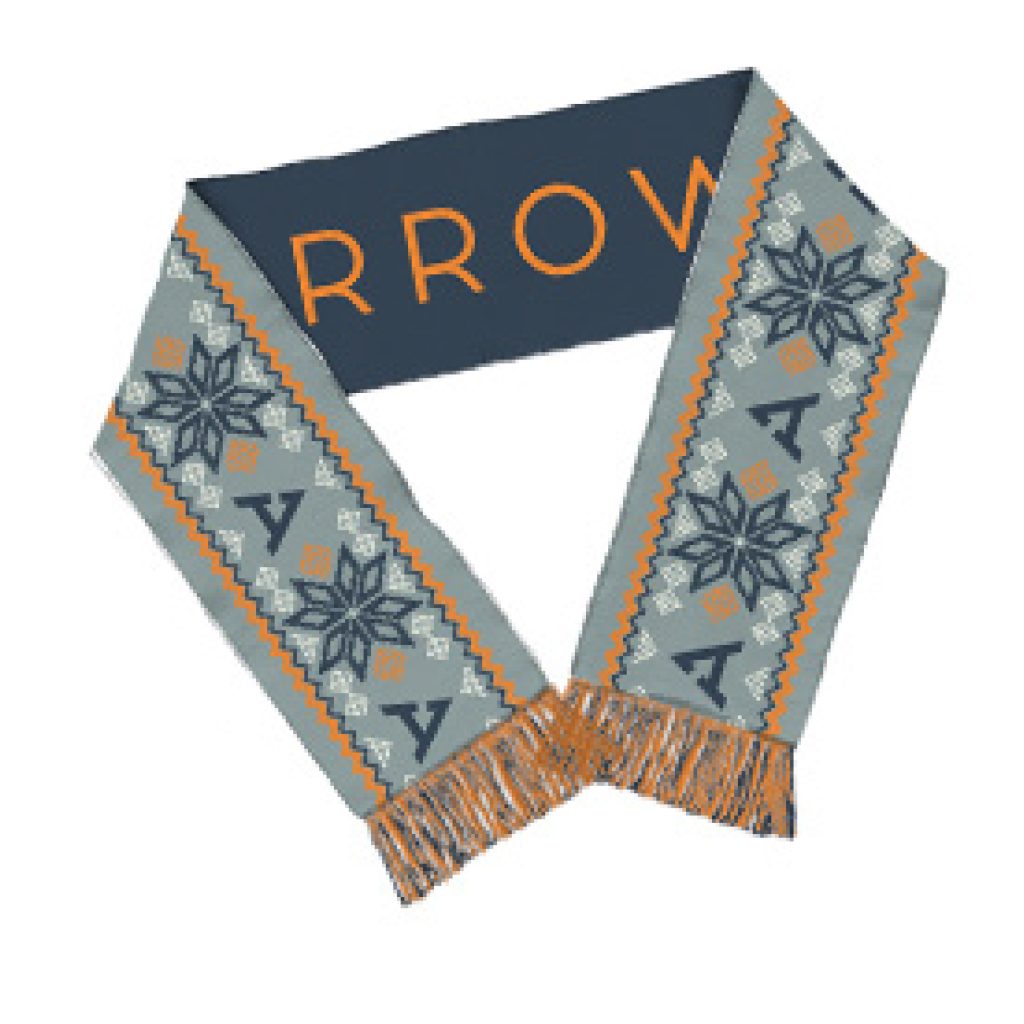 Fall into festive branding product 2 — Seasonal scarves; scarf show in blue and orange scarf with a logo in the back